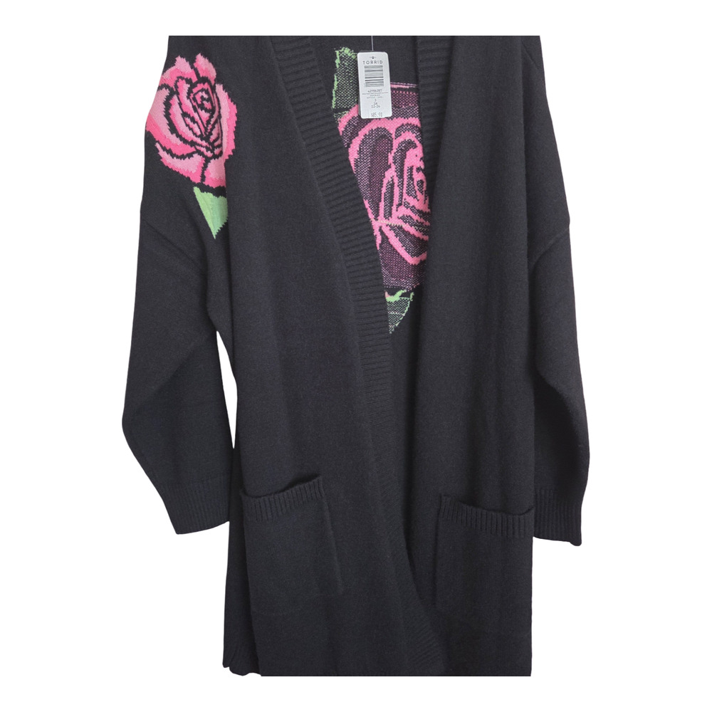 NWT Torrid | Open Front Drop Shoulder Rose Embroidered Cardigan Deep Black - Picture 4 of 11